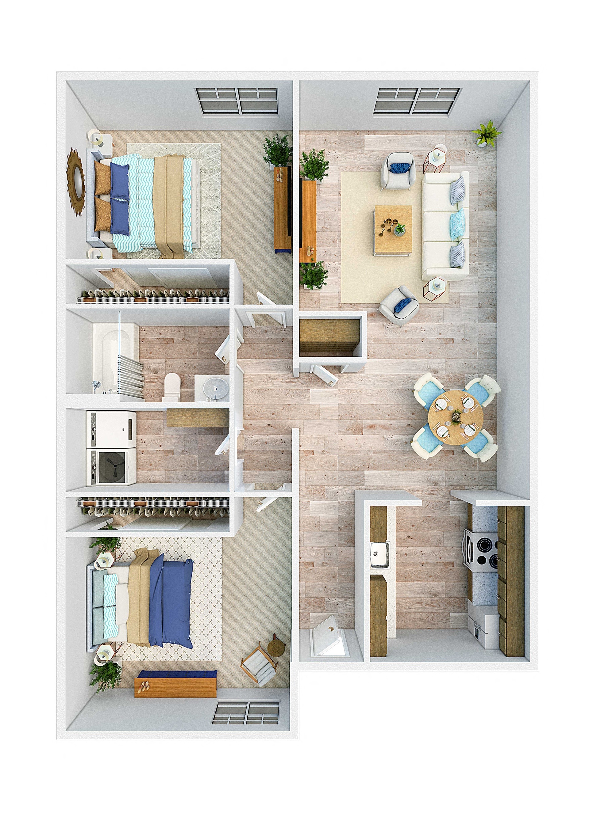 Floor plan for 2 beds, 1 bath, 950 sqft